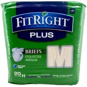 FitRight Plus Adult Briefs Medium 20 Count Pack‎ Disposable Anti-Leak Guard NIP